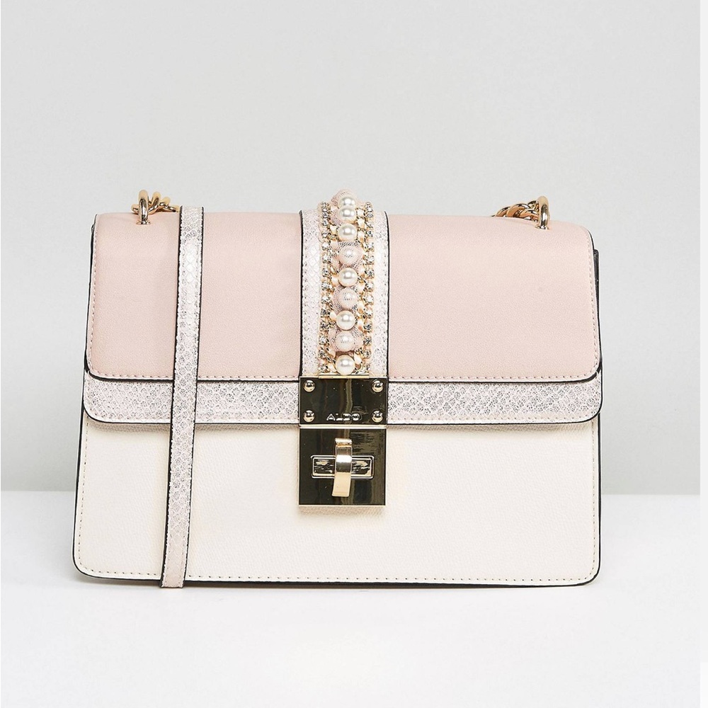 Aldo Pink/Cream Metallic Animal Print Body Bag with Pearl Embellishment